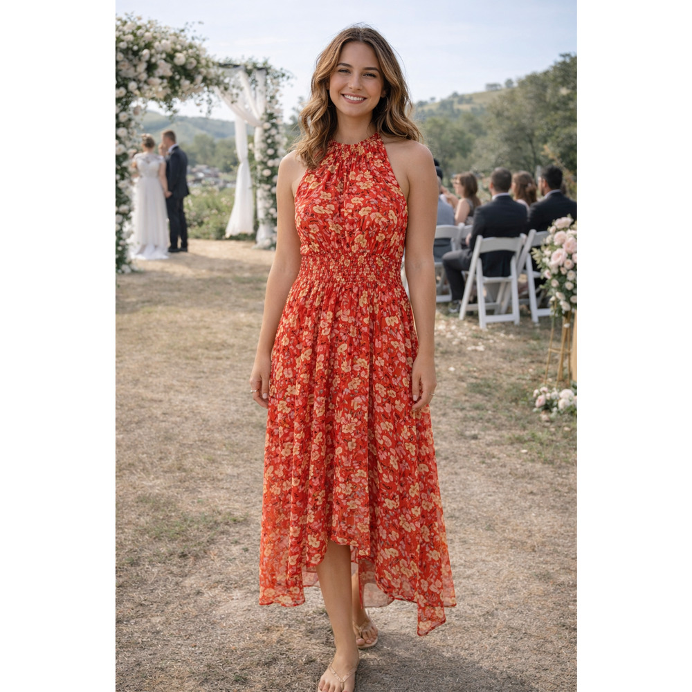Sam Edelman Fairy Floral Handkerchief Hem Midi Dress Orange Size 4 Small Party